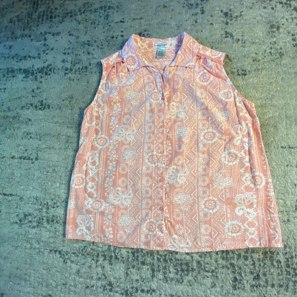 Hasting And Smith Womens Large Coral White Sleeveless Button Front Blouse